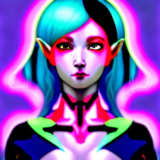 Image similar to art championship winner trending on artstation portrait of a goddess elven mecha warrior princess, head and shoulders, blue hair, matte print, pastel neon, cinematic highlights, lighting, digital art, cute freckles, digital painting, fan art, elegant, pixiv, by Ilya Kuvshinov, daily deviation, IAMAG, illustration collection aaaa updated watched premiere edition commission ✨✨✨ whilst watching fabulous artwork \ exactly your latest completed artwork discusses upon featured announces recommend achievement