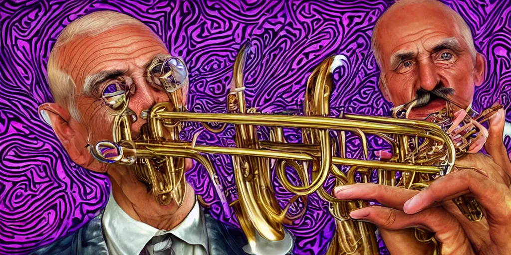 Image similar to highly detailed digital artwork of a psychedelic dingoman with a salvador dali mustache. he is playing the trumpet.