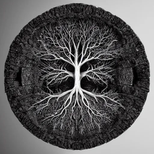 Image similar to soul tree of the earth, perfect symmetry, left side chaos, right side serenity, circular base surrounding grand tree, cinematic, ultrarealistic, intricate detail, finely detailed, small details, extra detail, high resolution, 3D, volumetric lighting, octane render, 8k, ultradetailed, photorealistic,