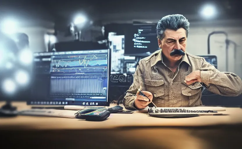 Image similar to angry josef stalin trading forex in front of computer trading bitcoin, clear detailed face, product lighting, studio photography dslr, golden ratio composition, instagram photo, luminar, fullhd stock photo