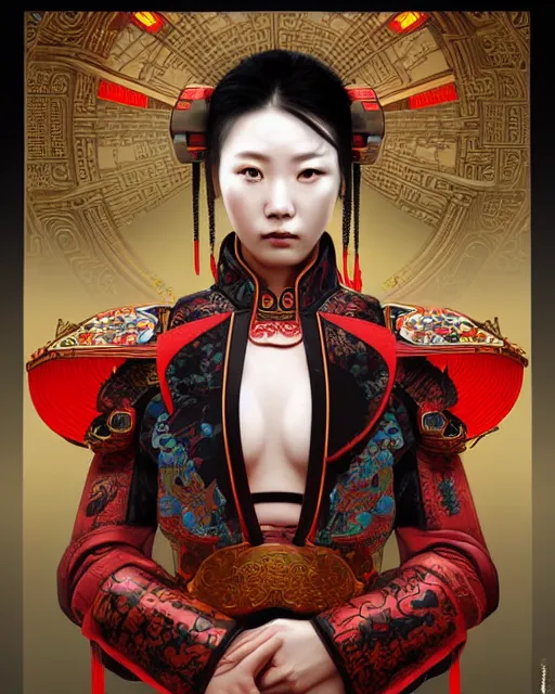 Image similar to portrait of a chinese cyberpunk machine, machine face, robed, upper half portrait, decorated with chinese opera motifs regal royal fierce machine robot cyberpunk fine china, wuxia, traditional chinese art intricate intense elegant highly detailed digital painting artstation concept art smooth sharp focus illustration, art by artgerm and greg rutkowski alphonse mucha 8 k