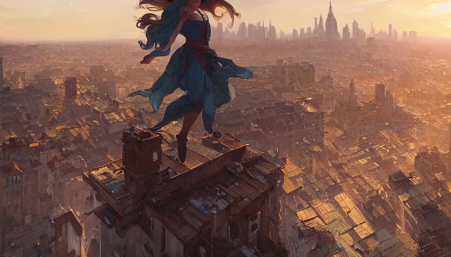 Image similar to jumping on roofs throught the city at late night sunset. trending on artstation, greg rutkowski, artgerm, cgsociety, alphonse mucha, digital art, highly detailed 4 k,