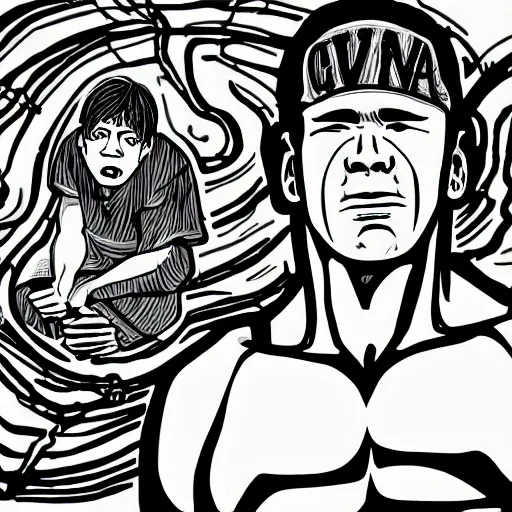 Image similar to black and white illustration of john cena in the style of junji ito