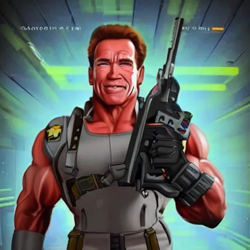 Prompt: Schwarzenegger as an Overwatch Hero