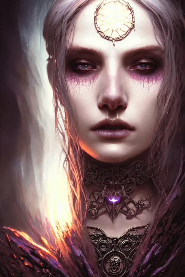 Prompt: Necromancer Sorceress face close-up macro in center, fantasy magic, undercut hairstyle, dark light night, intricate, elegant, sharp focus, illustration, highly detailed, digital painting, concept art, matte, art by WLOP and Artgerm and Greg Rutkowski and Alphonse Mucha, masterpiece