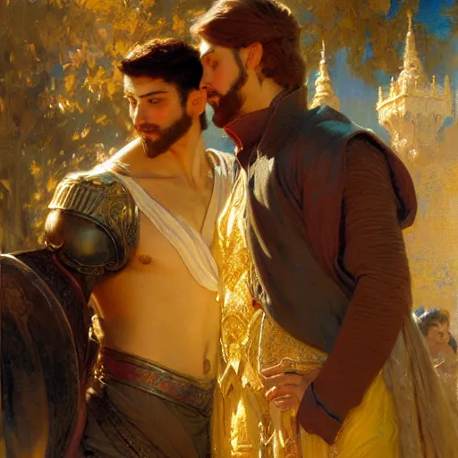 Image similar to attractive fully clothed king confesses his love for his attractive fully clothed male prince. highly detailed painting by gaston bussiere, craig mullins, j. c. leyendecker 8 k