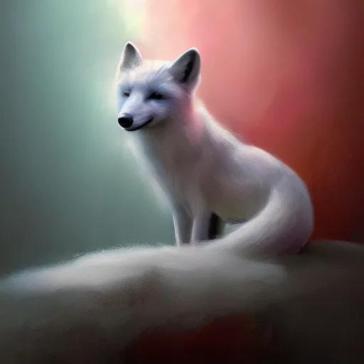 Prompt: A painting of a ghostly white fox in mist with very detailed ghostly fur, volumetric mist and red light, trending on artstation, concept art, vivid color, ultra detailed.