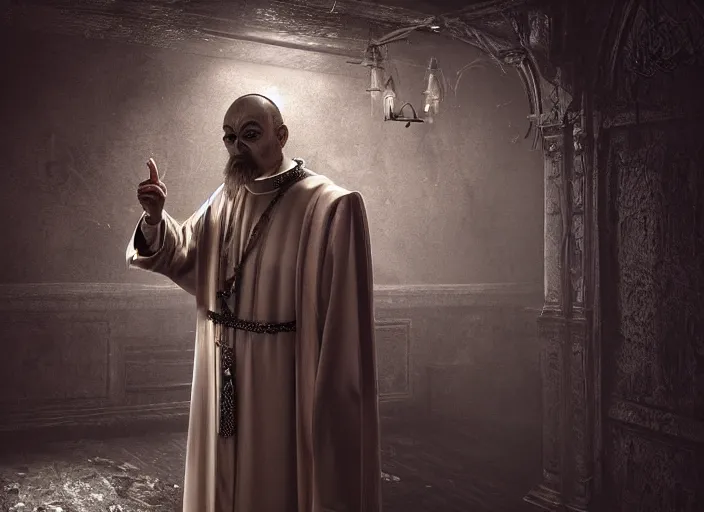 Image similar to a highly realistic and detailed full Priest standing in a dark dirty basement holding a rosary, wide angle 70mm lens, volumetric haze, front facing camera, symmetrical, photorealistic, insanely detailed and intricate, epic, hyper realistic, elegant, ornate, elite, horror, creepy, ominous, haunting, cinematic lighting, unreal engine, cinematic centered camera, high detail, no blur, unreal engine 8k