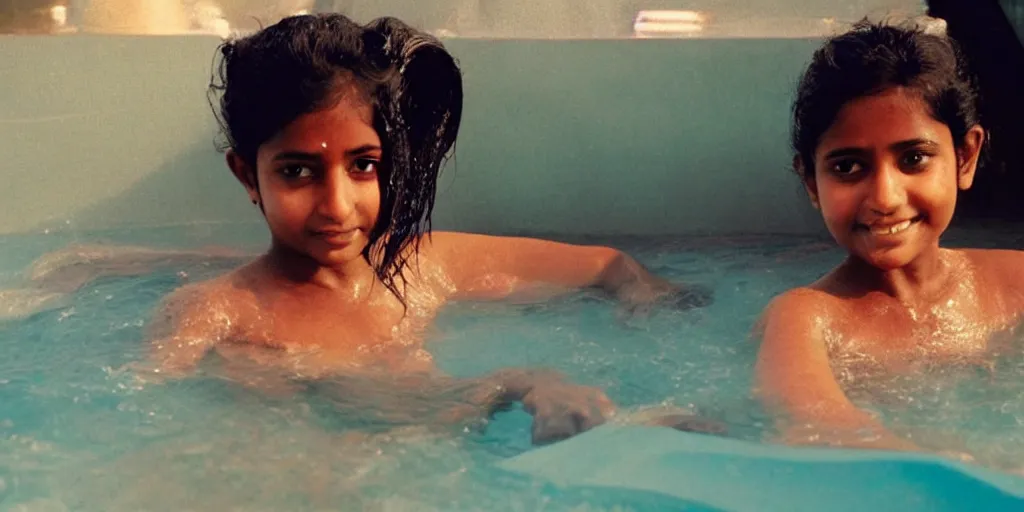 Image similar to sri lankan girl in a hot tub, film still, bubbles