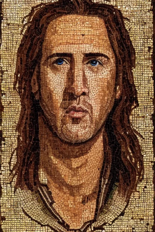 Prompt: Portrait of Nicholas Cage as a roman mosaic, 200 AD