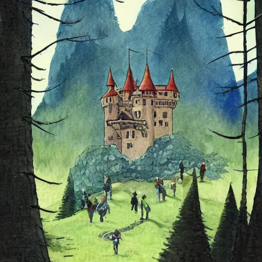 Image similar to laputa castle in the sky robot hayao miyazaki stands in a small clearing among trees, watercolor illustration for a book