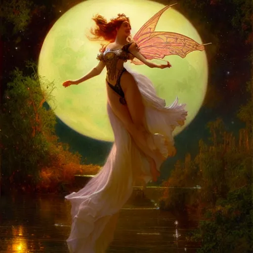 Image similar to attractive fairy magically floating high in the night, fantasy, full moon in background. highly detailed painting by gaston bussiere, craig mullins, j. c. leyendecker, mid shot, 8 k