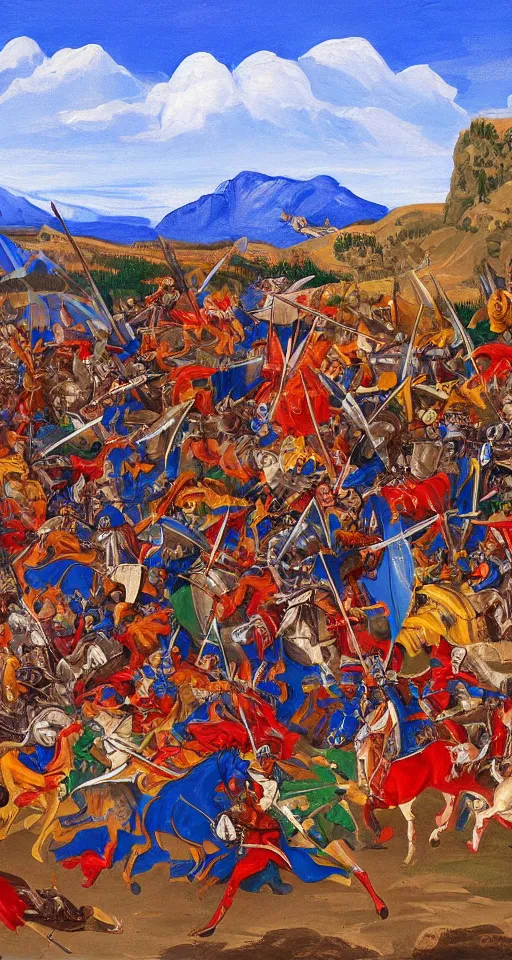 Image similar to colorful simple wideshot of a medieval battle in front of a beautiful blue mountainscape, painting