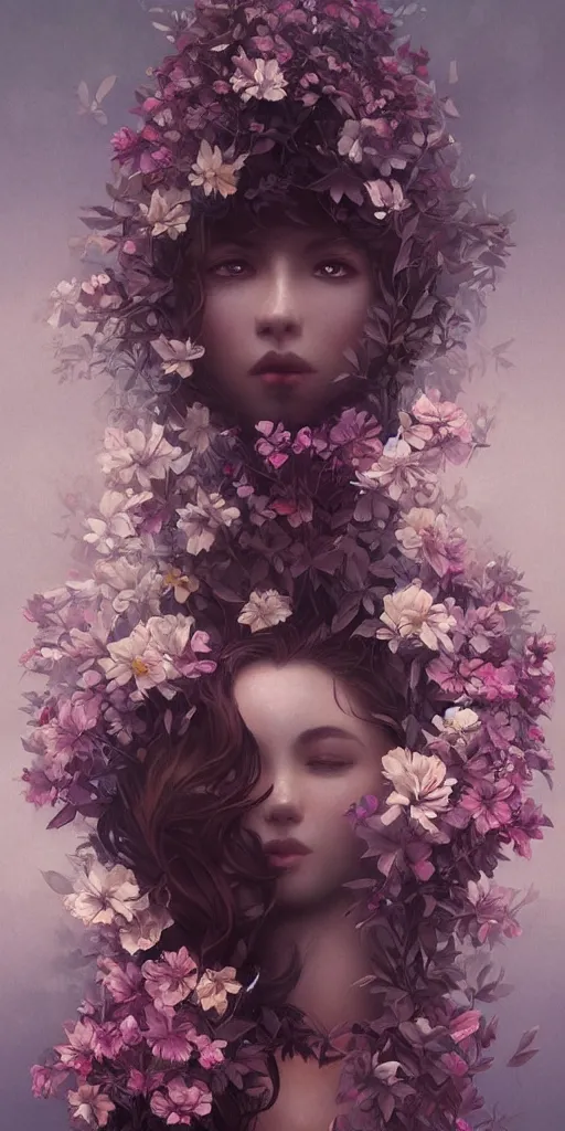 Image similar to surreal beautiful young woman, sitting with flowers, detailed gorgeous face turning into a tree, leaves, dark, ominous, sad eyes, vaporwave aesthetic, synthwave , digital painting, artstation, concept art, smooth, sharp focus, illustration, art by artgerm and greg rutkowski and alphonse mucha