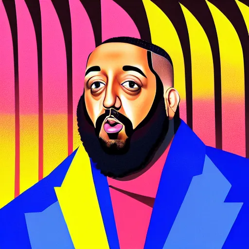 Image similar to ultra realistic portrait of dj khaled in a studio, ultra detailed, under blue, red and yellow cinematic lighting, salvador dali, cartoon, monument valley, escher