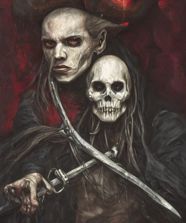 Prompt: ultra realistic color portrait painting of a tranparent 1 7 th century pirate ghost with a sword in a grotto, dark, painted, brooding, atmospheric, seascape, horror, smooth, epic, highly detailed, cinematic, artstation, by leesha hannigan