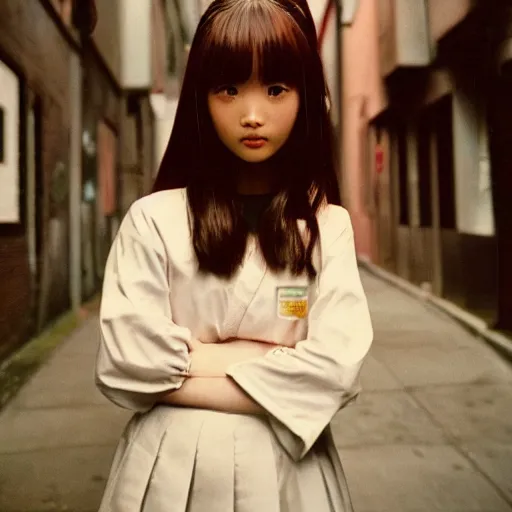 Prompt: 1990s perfect 8K HD professional cinematic photo of close-up japanese schoolgirl posing in sci-fi dystopian alleyway at evening, at instagram, Behance, Adobe Lightroom, with instagram filters, depth of field, taken with polaroid kodak portra