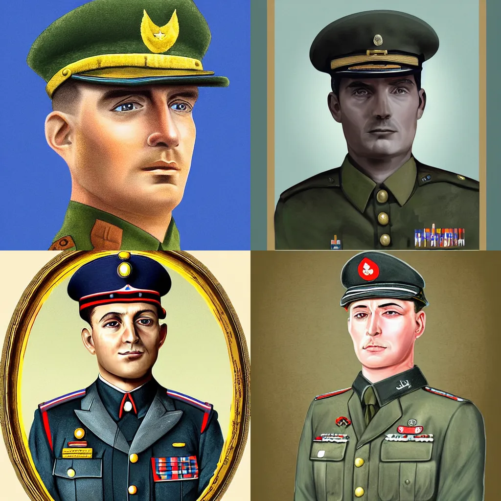 Prompt: Digital art of a 20th century army officer. Portrait. Detailed.