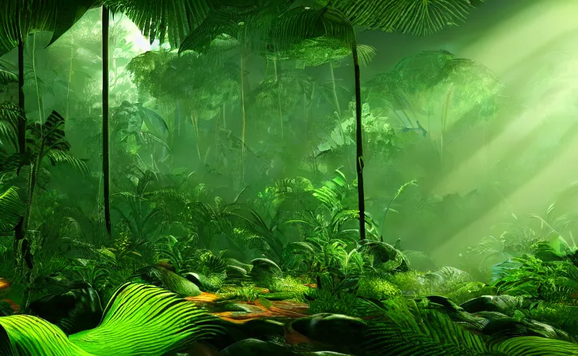 Prompt: a beautiful render of a prehistoric rainforest, lush flora, insects flying around, dark green, orange, intricate detail, god rays, hazy, humid, volumetric lighting, 8 k, photorealistic, raytracing effects, unreal engine 5