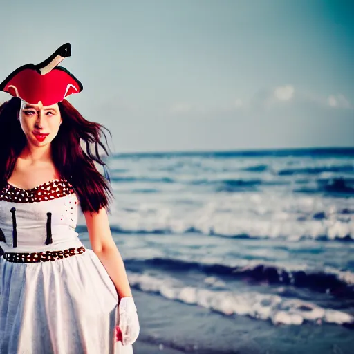 Prompt: dancing brunette milk maid woman wearing a pirate hat shore seascape in the style of Brandon Woelfel