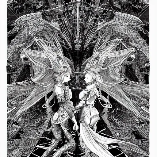 Image similar to angel versus devil, an ultrafine detailed illustration by james jean, final fantasy, intricate linework, bright colors, behance contest winner, vanitas, angular, altermodern, unreal engine 5 highly rendered, global illumination, radiant light, detailed and intricate environment