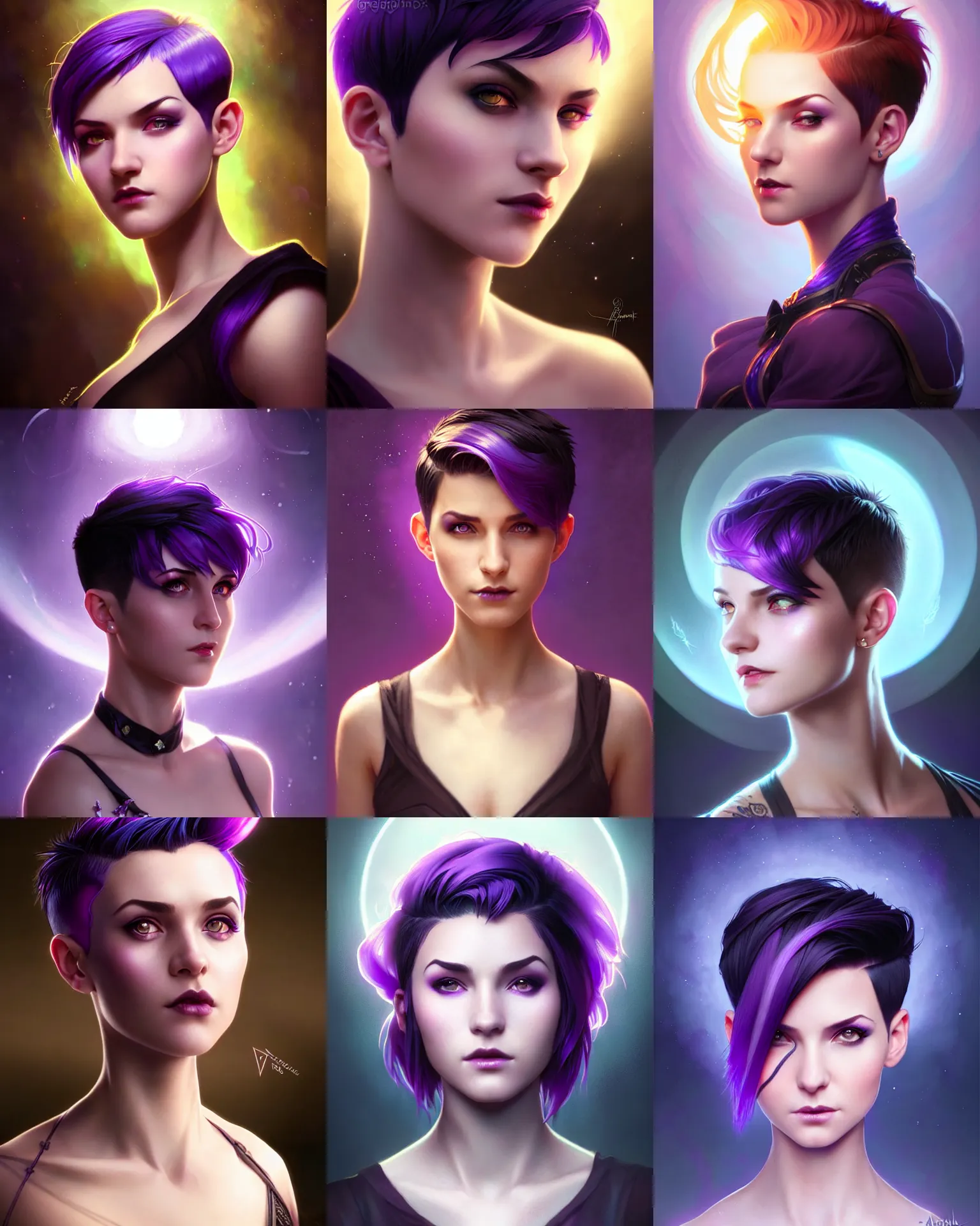 Prompt: Portrait photograph of sexy attractive magic young female, pixie undercut hairstyle, black to purple fade hairstyle, D&D fantasy magic, rim light, lens flare, bloom, sharp focus, illustration, digital painting, art by Artgerm and Greg Rutkowski and Alphonse Mucha, masterpiece, Refined, upscaled