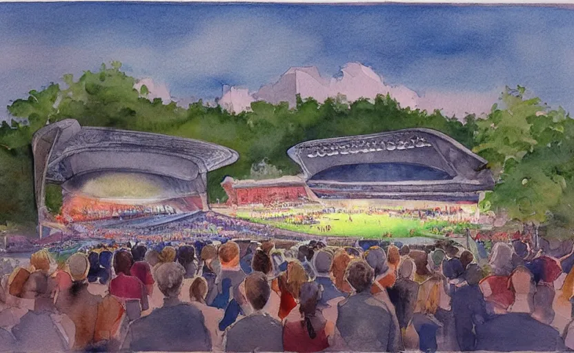 Image similar to concept art of an concert amphitheatre in downtown charlottesville virginia, complex, pinterest, artstation trending, behance, watercolor, by coby whitmore, silver, laser light,