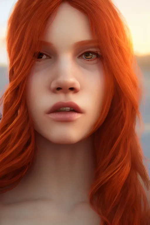 Image similar to hyperrealistic portrait of stunningly beautiful redhead girl in a dawn light, trending on artstation,ultrawide angle, f8, polarizer , unreal engine