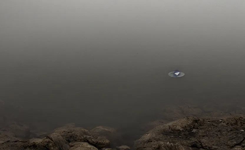 Image similar to extreme low angle camera lens partially submerged in water showing the surface of a lake with a rocky lake shore in the foreground, scene from a film directed by charlie kaufman ( 2 0 0 1 ), foggy volumetric light morning, extremely moody, cinematic shot on anamorphic lenses