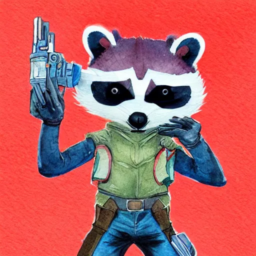 Image similar to racoon holding a laser gun, guardians of the galaxy style, centered award winning watercolor pen illustration, by caroline choi, edited by range murata