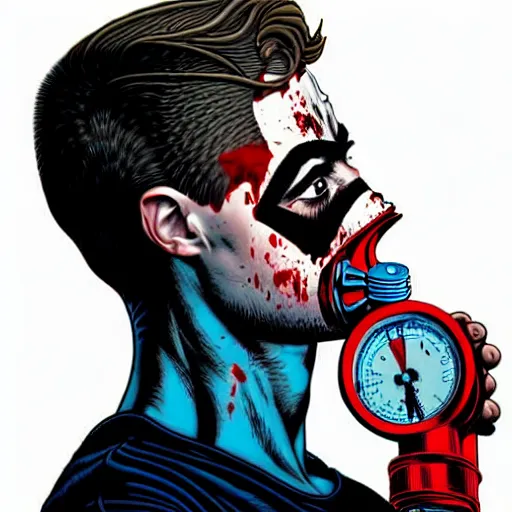 Image similar to a profile photo of an evil man with a diving oxygen mask with side profile blood in ocean intricate details by MARVEL comics and Sandra Chevrier-C