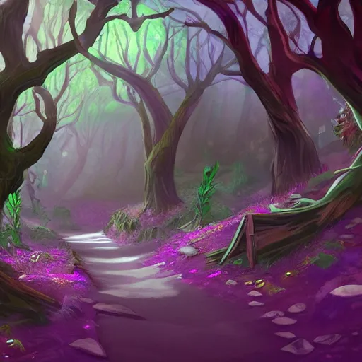 Image similar to wispy woods with purple leaves and otherworldly foliage, a dirt path going down the middle, concept art, detailed, vivid, intricate, 4 k