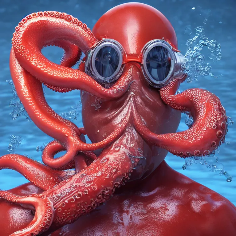 Prompt: octane render portrait by wayne barlow and carlo crivelli and glenn fabry, subject is a man in a wet suit with goggles with giant open mouth full of long red octopus tentacles, cinema 4 d, ray traced lighting, very short depth of field, bokeh