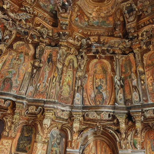 Image similar to ornate wall, full of paintings of angels, highly detailed