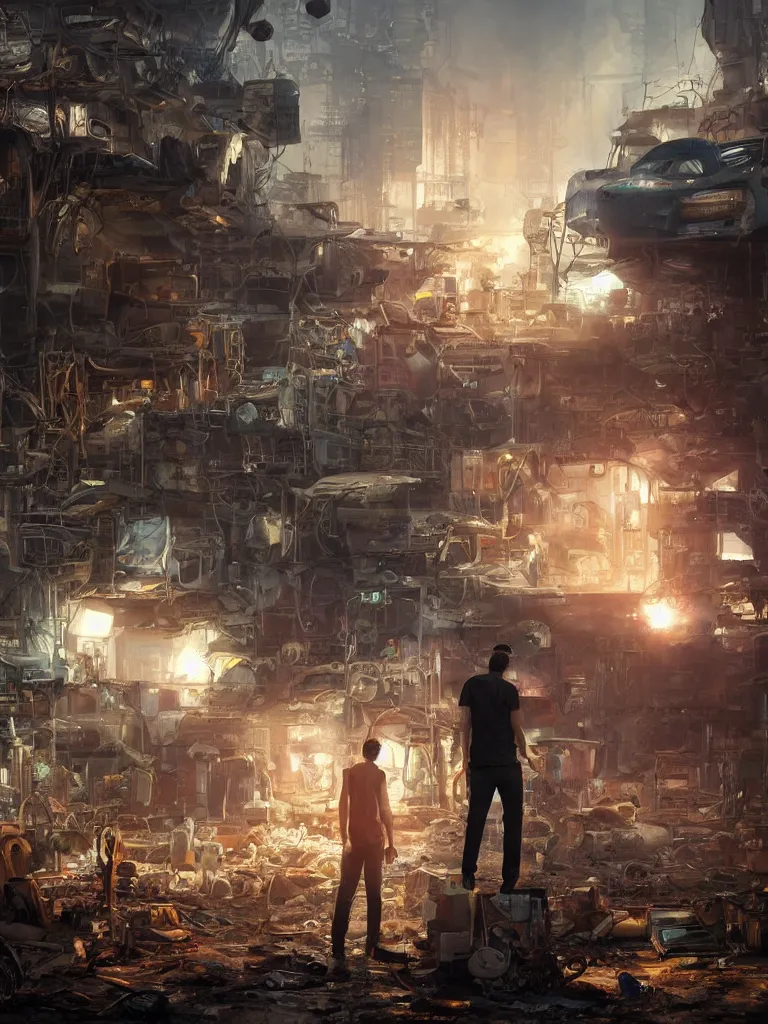 Image similar to concept art of a humanoid standing in a junkyard, back - view, technology screens glowing, hyper maximalist, matte painting, ultra detail, concept art, hyper realistic, photorealistic, cgsociety, hyper maximalist, artstation, cgsociety, style by jon foster and feng zhu and tyler edlin, octane render, anime style