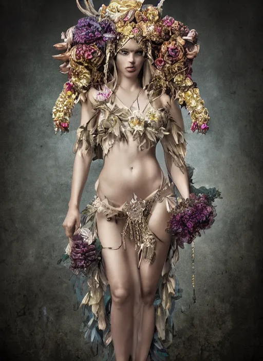 Image similar to full body environmental portrait photo of a goddess as angel, ornate headpiece made from flowers, ornaments, glamour shot by lindsay adler, stefan gesell, photorealistic, canon r 3, fashion photography, hyper maximalist, sharp focus, ornate, elegant, luxury and elite, symmetrical features, octane render, unreal engine, solid dark grey background, dramatic lights