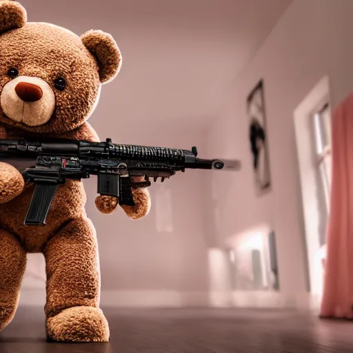 Prompt: cinematic photograph of an anthropomorphic teddy bear wearing pink combat armor and holding a rifle walking through a giant bedroom full of cute toys, 8k, highly detailed, highly intricate, depth of field, epic,