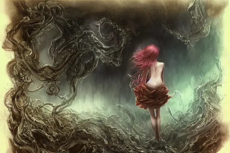 Image similar to Tempt me again and I will forget the truth, Backing your decision, Was something I neglected to do Even for you, If you feel rage To strike me with revenge I will be standing right here, Waiting without fear For you, concept art, trade on artstation, sharp focus, psychedelic, by Yoshitaka Amano, Mark Ryden, Gloom, Peter Mohrbacher, fantasy art, masterpiece, Hyperrealism. Subsurface scattering. Octane Render. Weirdcore