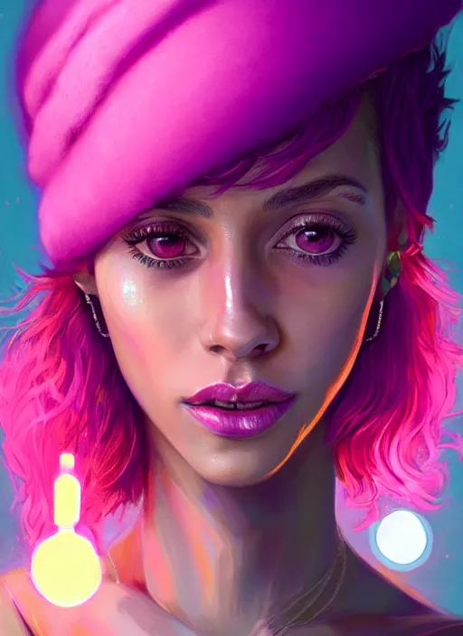 Image similar to portrait of vanessa morgan with bright pink hair, curly pixie cut hair, wearing a purple breton cap, breton cap, hoop earrings, intricate, elegant, glowing lights, highly detailed, digital painting, artstation, concept art, smooth, sharp focus, illustration, art by wlop, mars ravelo and greg rutkowski