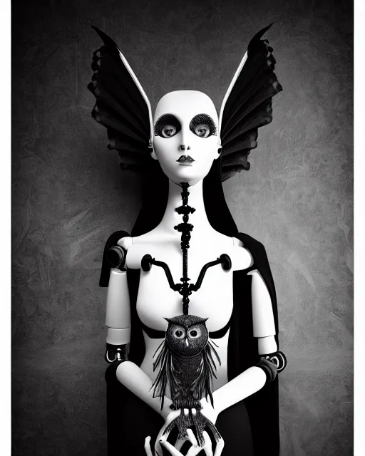 Image similar to surreal mythical dreamy dark artistic black and white fine art 3 / 4 fashion portrait photo of a young beautiful delicate female robot - witch - owl with orchid - doll face, rim light, cinematic, studio dramatic light, poetic, masterpiece, octane render, 8 k, photo - realistic by gustave dore hg giger