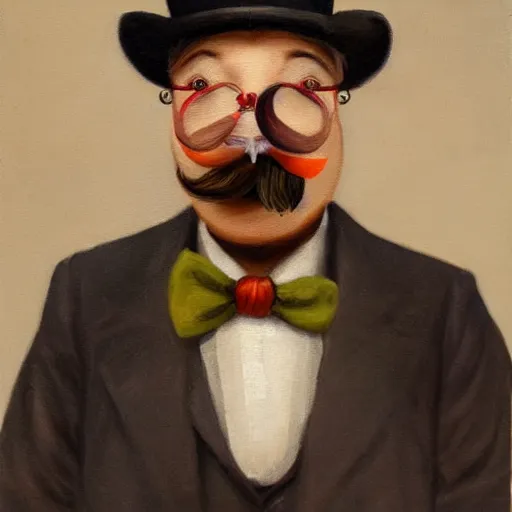 Image similar to a chicken butler with a fancy mustache and a monocle, highly detail, oil painting , accurate anatomy,
