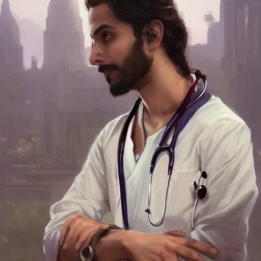 Image similar to Anxious good looking pale young Indian doctors wearing American clothes at the airport, portrait, elegant, intricate, digital painting, artstation, concept art, smooth, sharp focus, illustration, art by artgerm and greg rutkowski and alphonse mucha