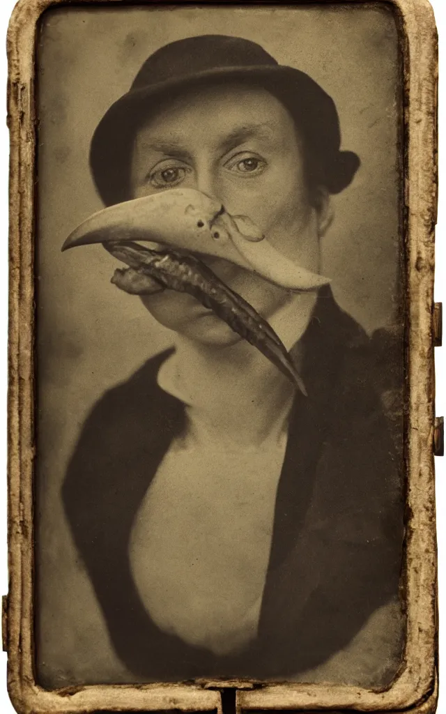 Image similar to portrait of a undead person with a beak, daguerreotype, studio lighting, hyperrealistic, ultra detailed