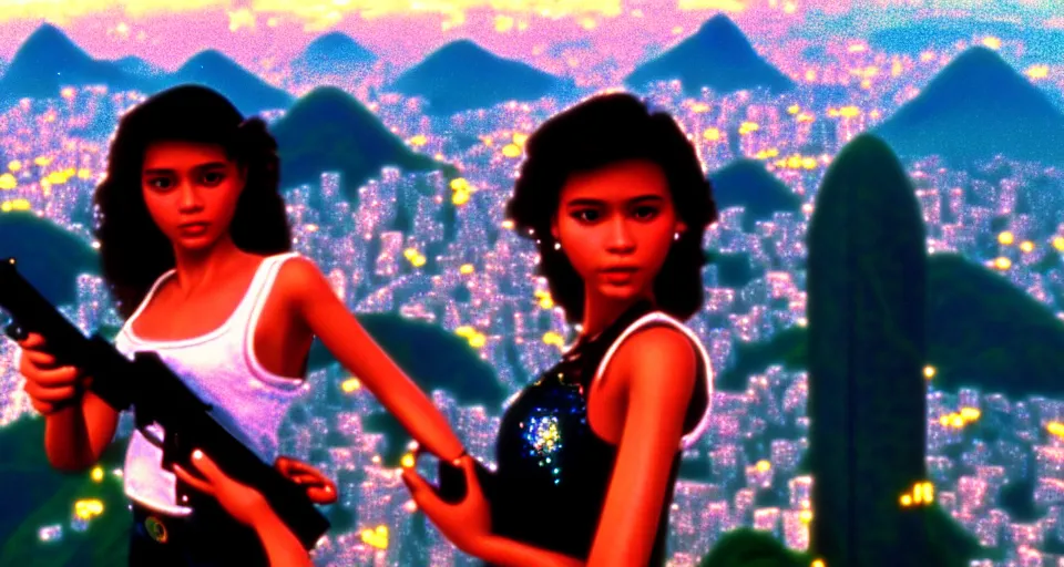 Image similar to 1 9 8 6 movie screencap of a girl with a gun on a rio de janeiro, gucci clothes, sparkles sky, beautiful favela background extremely utra high quality photo 8 k