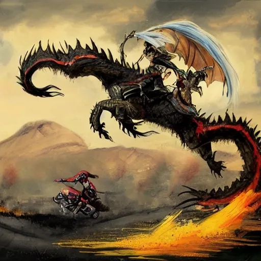 Prompt: a painting of a woman warrior riding a dirt bike in the middle of epic fantasy fight with a huge black dragon