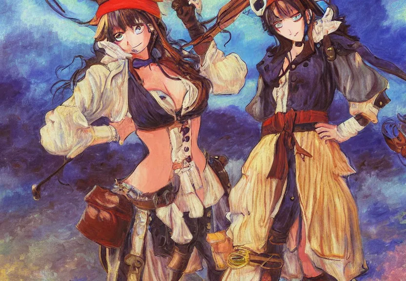 Image similar to wide angle painting of a female pirate, a thrifty uniform, somewhat of an anime in impressionist style, trending artwork, illustrated in anime painter studio, by claude monet and an anime artist, collaboration