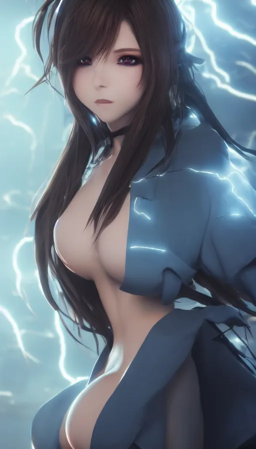 Image similar to render as a very beautiful 3d anime woman with short brown hair, blue eyes, heavy makeup, short smile, cinematic lightning, highly detailed, trending on Artstation, Unreal Engine 4k, cinematic wallpaper