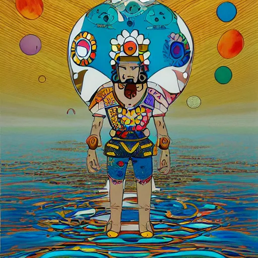 Prompt: a mayan warrior walking on water under the moon by takashi murakami, sir edward james and james jean, aya takano color style, 4 k, super detailed