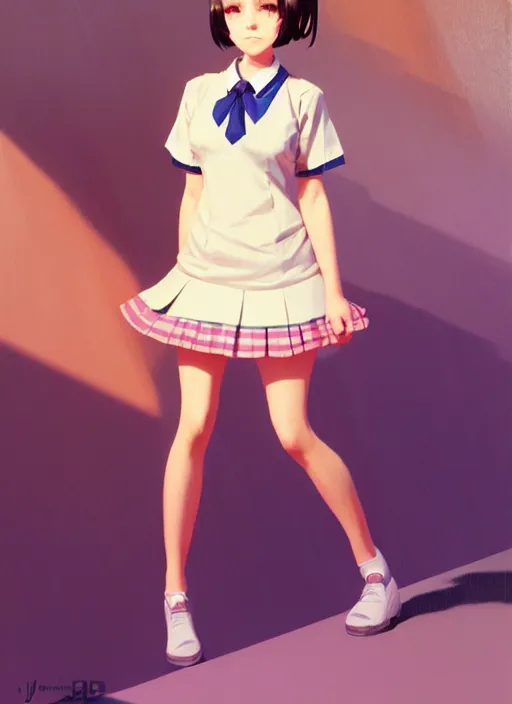 Image similar to full body beautiful and cute and aesthetic school girl greeting, very slightly smiling, wave a hand at the camera, perfect face, symmetric eyes, sharp focus, specular reflection, occlusion shadow, artstation, by ilya kuvshinov and jeremy lipking, light novel cover art, 3 d epic illustrations, symmetric body