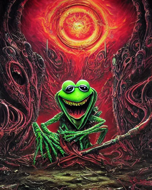 Image similar to charred bloody fleshmetal cyborg daemonhost kermit the frog psychedelic flamer of tzeentch, by antonio j. manzanedo, giger, alex grey, android jones, wayne barlowe, philippe druillet, raymond swanland, cyril rolando, josephine wall, harumi hironaka, cronenburg, trending on artstation